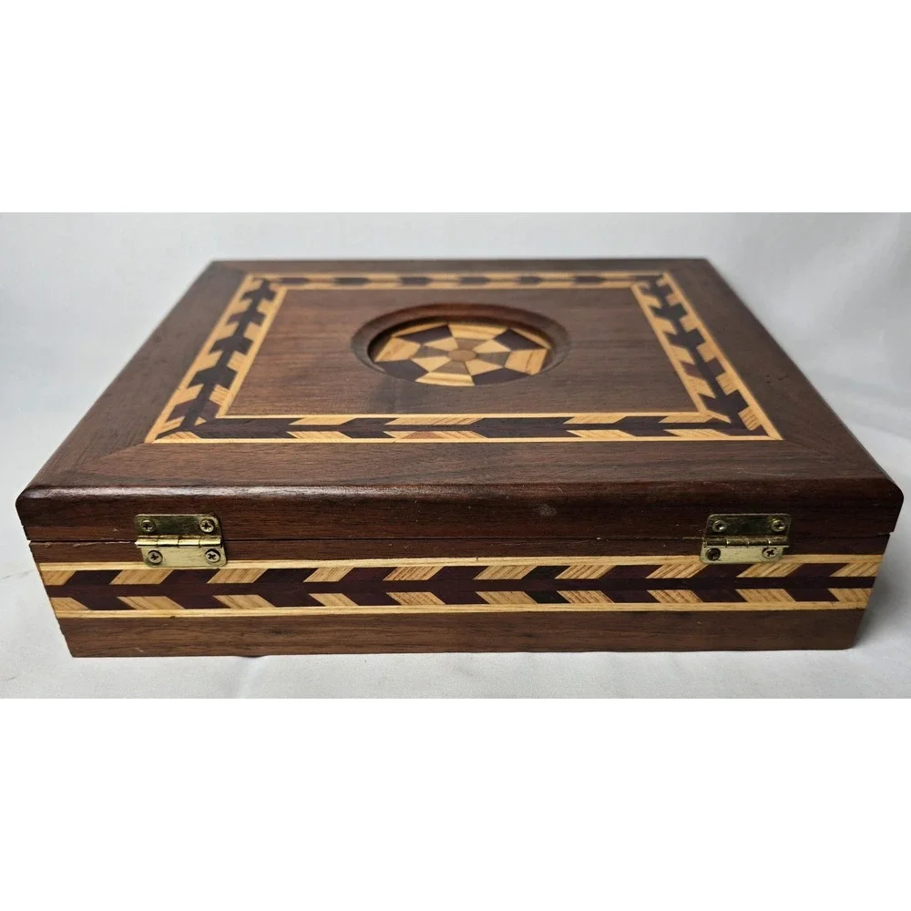 Vintage Wood Marquetry Wood Inlaid Box Jewlery Sewing Art Deco Trinket Storage
